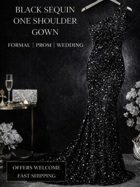 Bella Bloom Boutique Black Sequin One Shoulder Gown Formal Prom Dress Medium